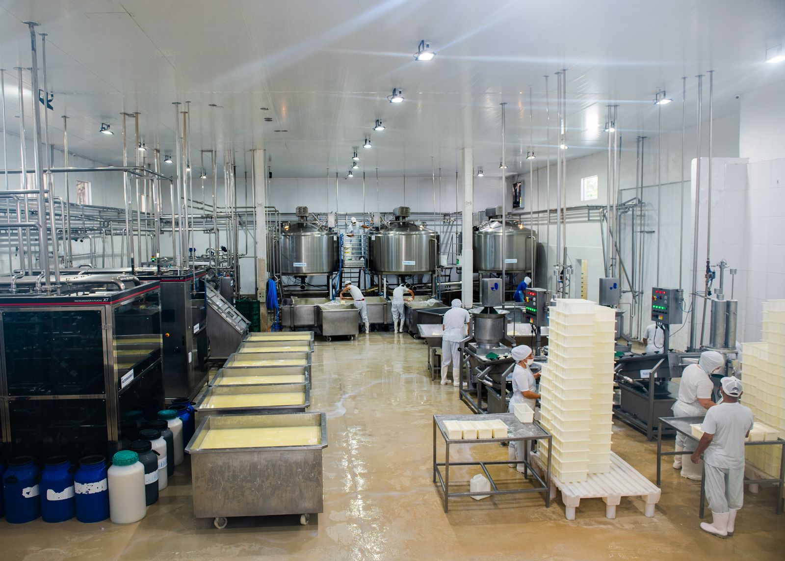 Equipe da Do Valle manipulando queijo na linha de produção, com uniformes e touca conforme as boas práticas de fabricação.
